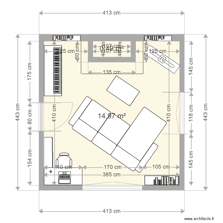 3  Melezes salon 1. Plan de 2 pièces et 15 m2