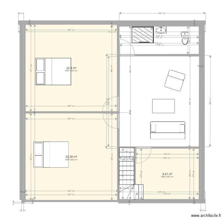 Chambre bleue V1. Plan de 3 pièces et 56 m2
