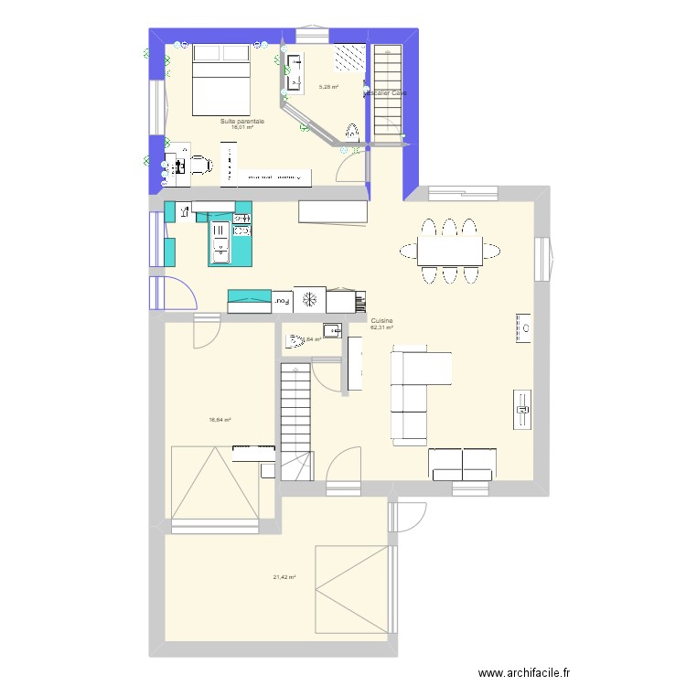 Extension Suite parentale. Plan de 7 pièces et 126 m2