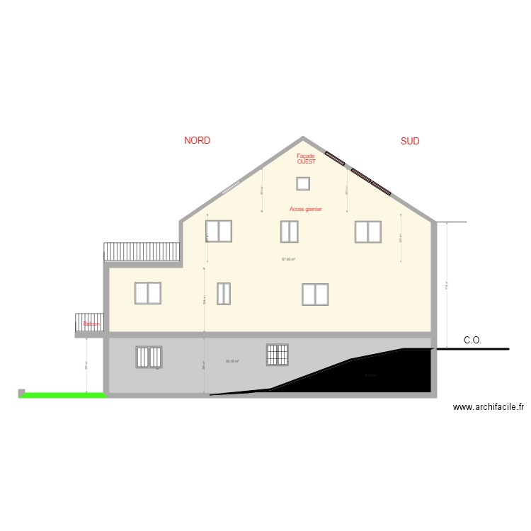 Profil OUEST rampe garage terrasse ouverte. Plan de 0 pièce et 0 m2