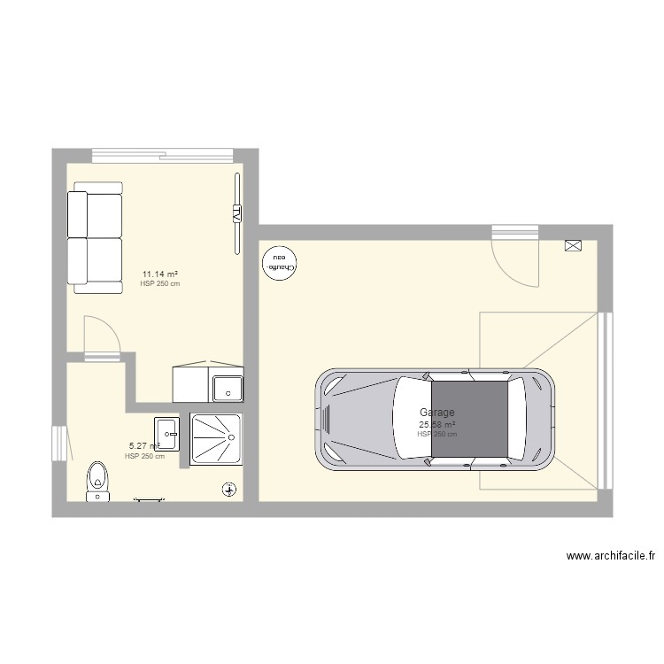 garage studio complet. Plan de 3 pièces et 42 m2