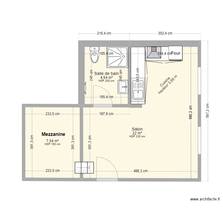 RDC central. Plan de 3 pièces et 34 m2