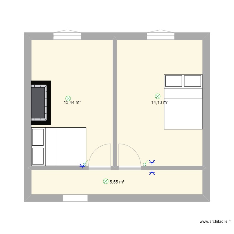 Chambre . Plan de 3 pièces et 33 m2