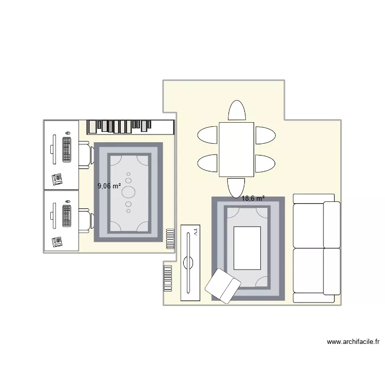 Salon + petit salon. Plan de 2  et 28 m²