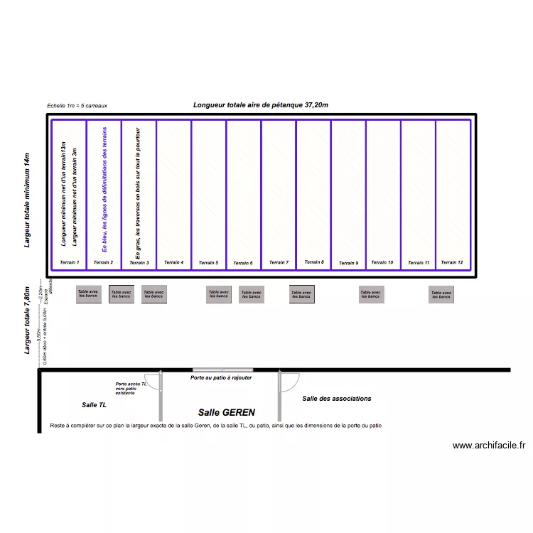 12 terrains de p&eacute;tanque . Plan de 