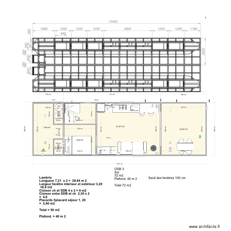 Coque + habitation avec électricité. Plan de 5 pièces et 48 m2