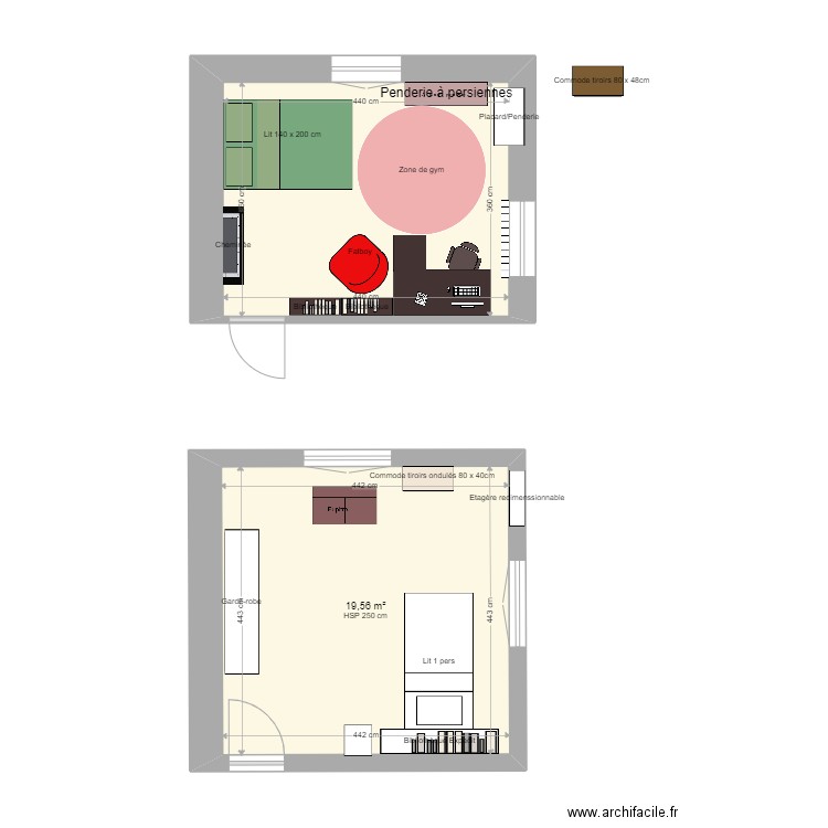SSS petite chambre V1. Plan de 2 pièces et 35 m2