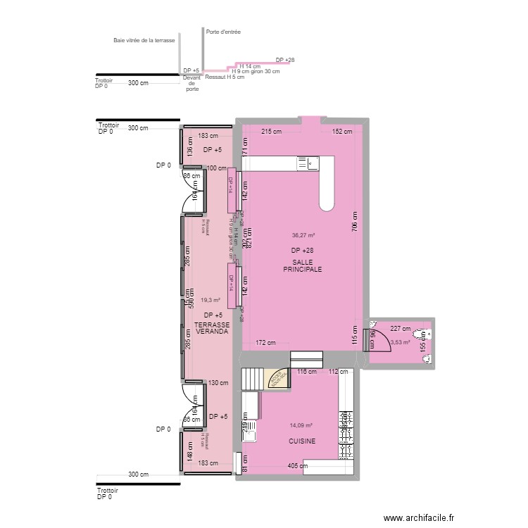 TATA THAI AVANT TRAVAUX plan de coupe. Plan de 5 pièces et 75 m2