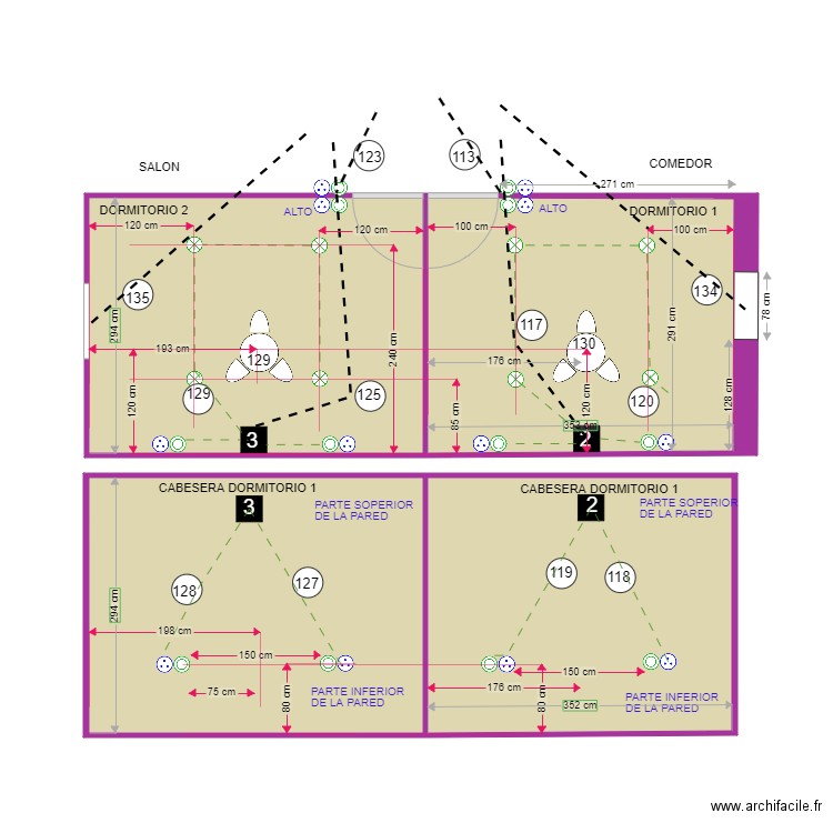 Ubicacion de montaje de la parte noche. Plan de 4 pièces et 43 m2