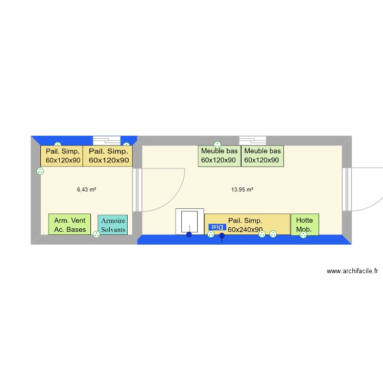 Stockage chimie. Plan de 2 pièces et 20 m2