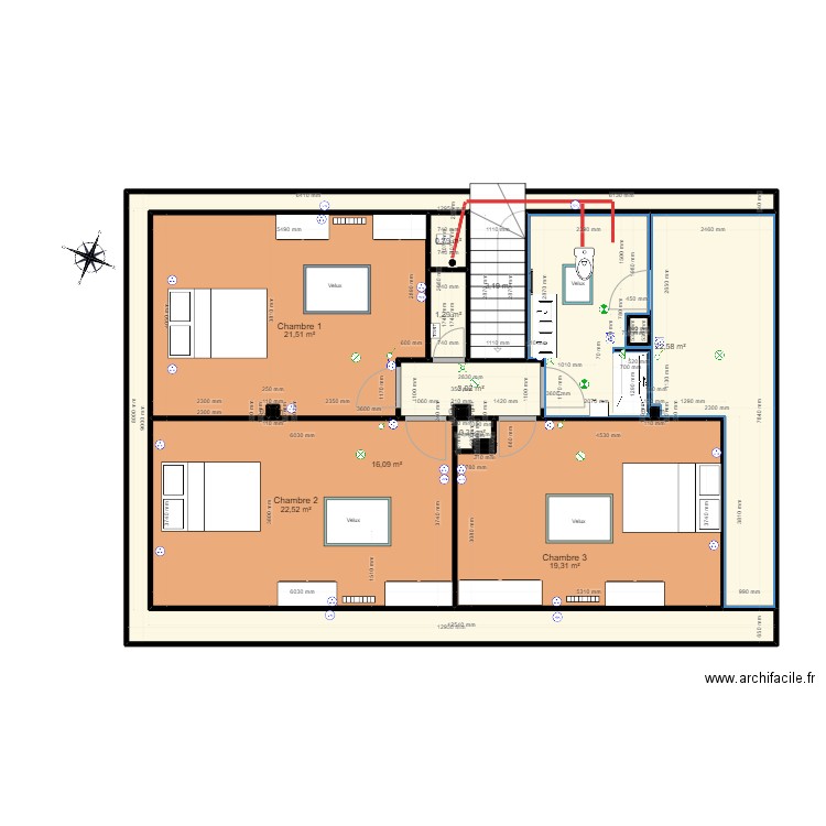 Plan étage - VF salle de bain bis. Plan de 15 pièces et 111 m2