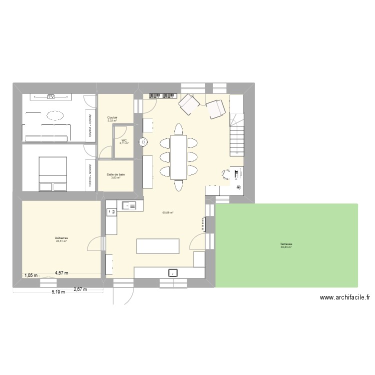 RP sans salon. Plan de 6 pièces et 132 m2