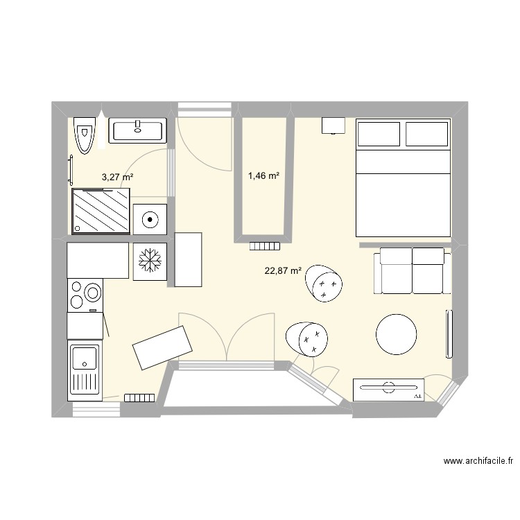 Studio. Plan de 3 pièces et 28 m2