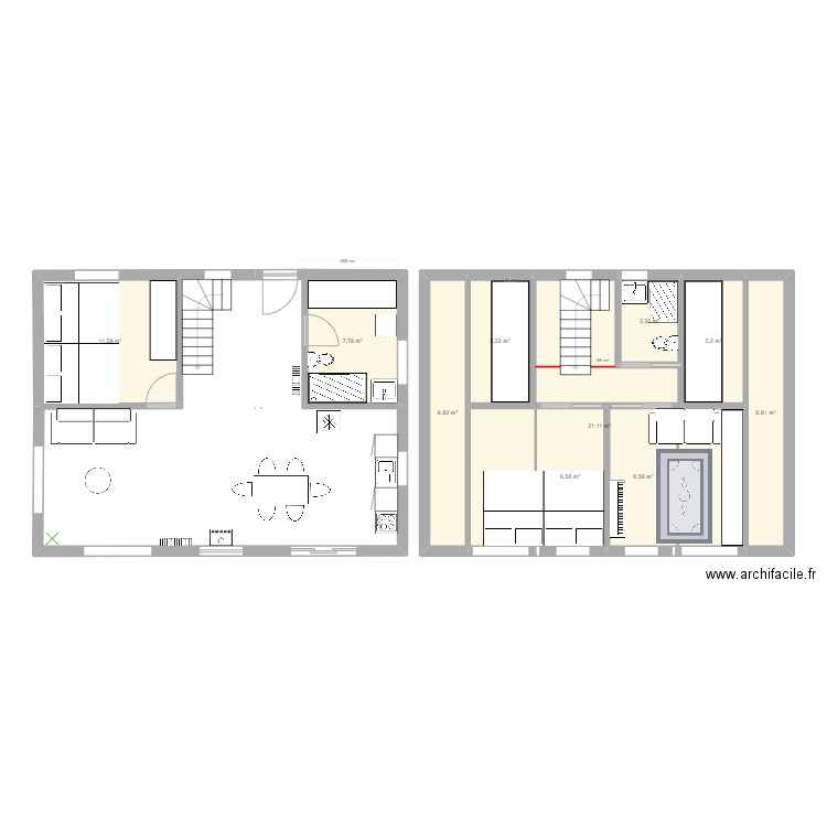 Miq_escalier_centre_sdbetage. Plan de 10 pièces et 81 m2