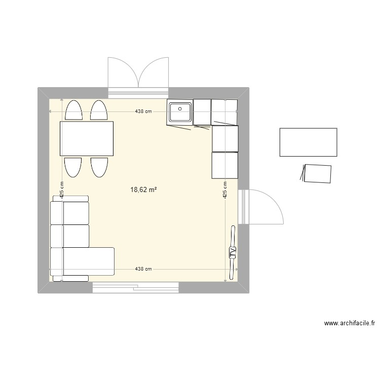 salon appart3. Plan de 1 pièce et 19 m2