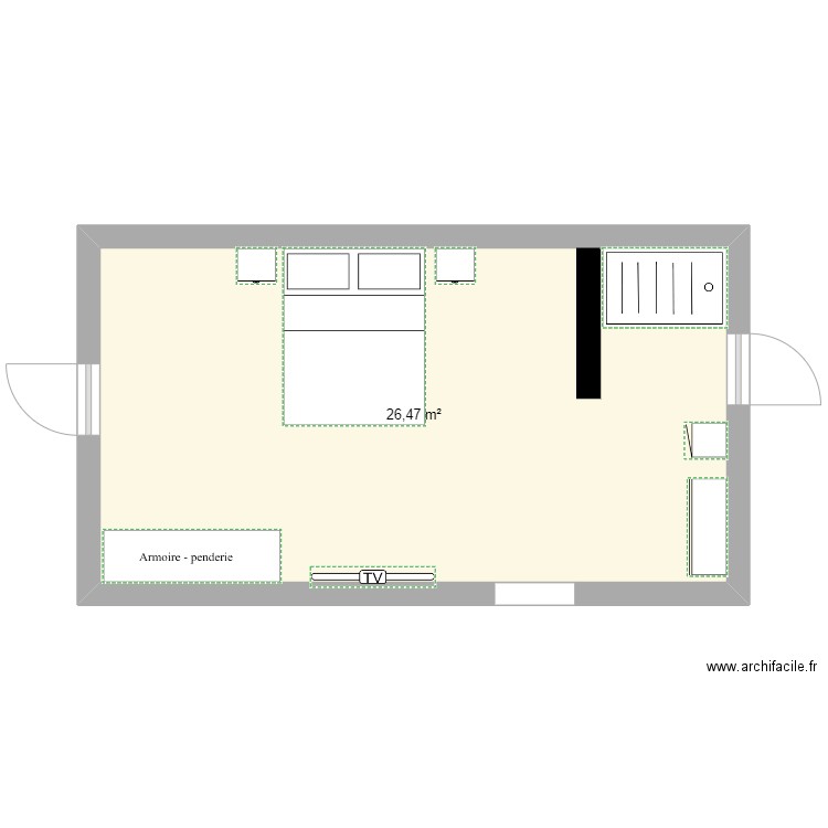 chambre . Plan de 1 pièce et 26 m2