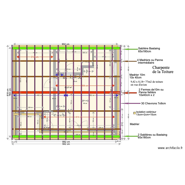 Charpente . Plan de 2 pièces et 58 m2