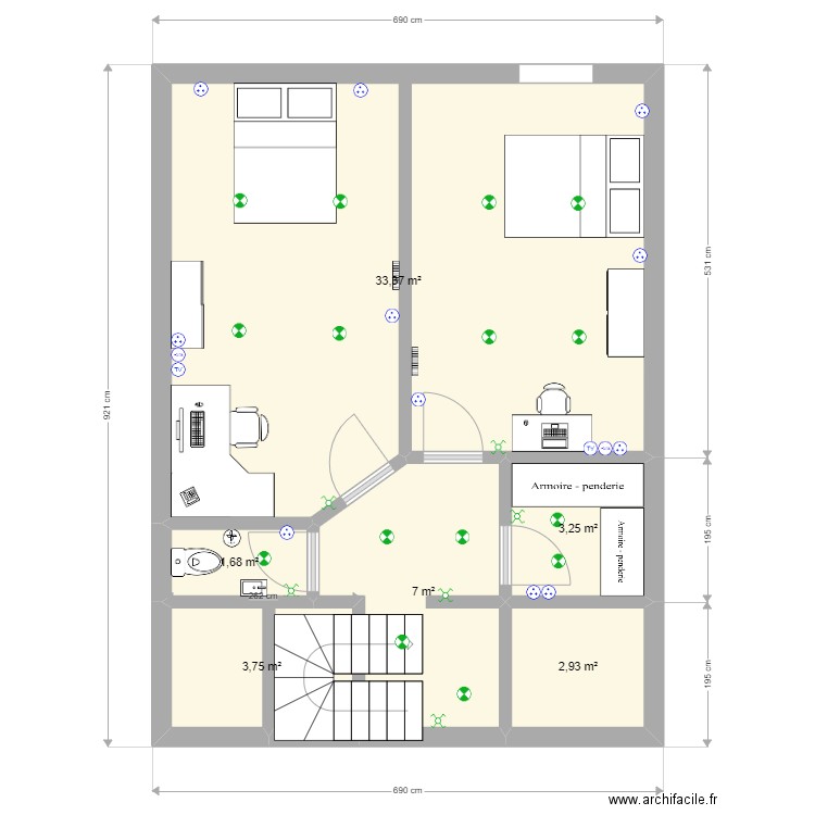 t3 duplex 1er etage modifie2.1. Plan de 6 pièces et 52 m2