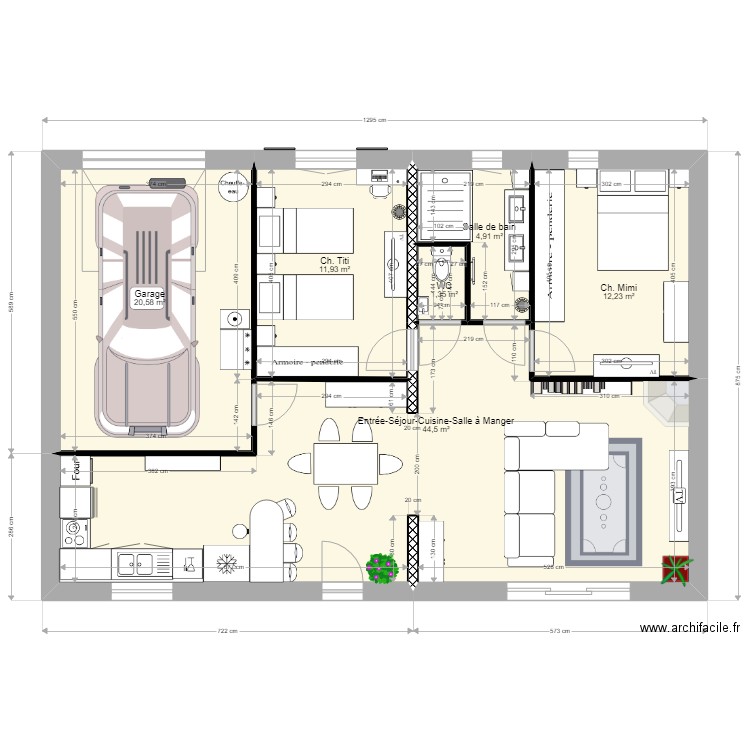 Maison Plain Pied T3 avec Garage 1 sdb bis. Plan de 6 pièces et 96 m2