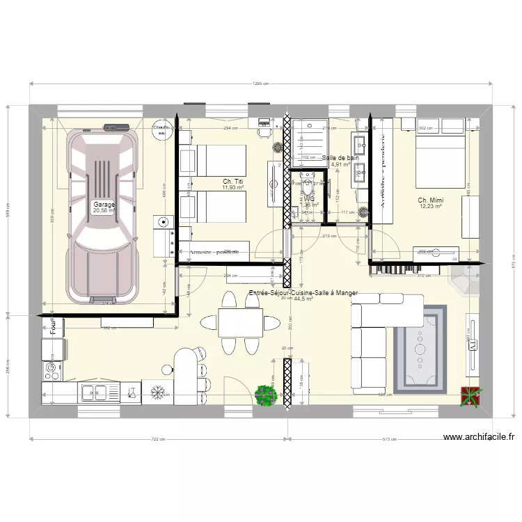 Maison Plain Pied T3 avec Garage 1 sdb bis. Plan de 