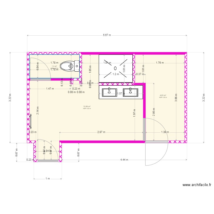 salle de bains version 4. Plan de 3 pièces et 17 m2