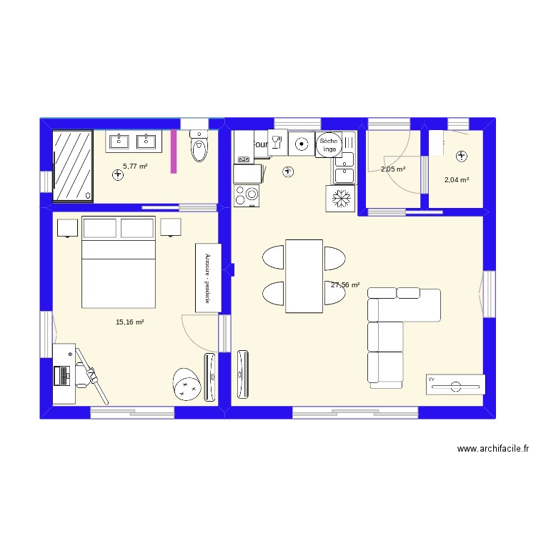 1 chambre lyon. Plan de 5 pièces et 53 m2