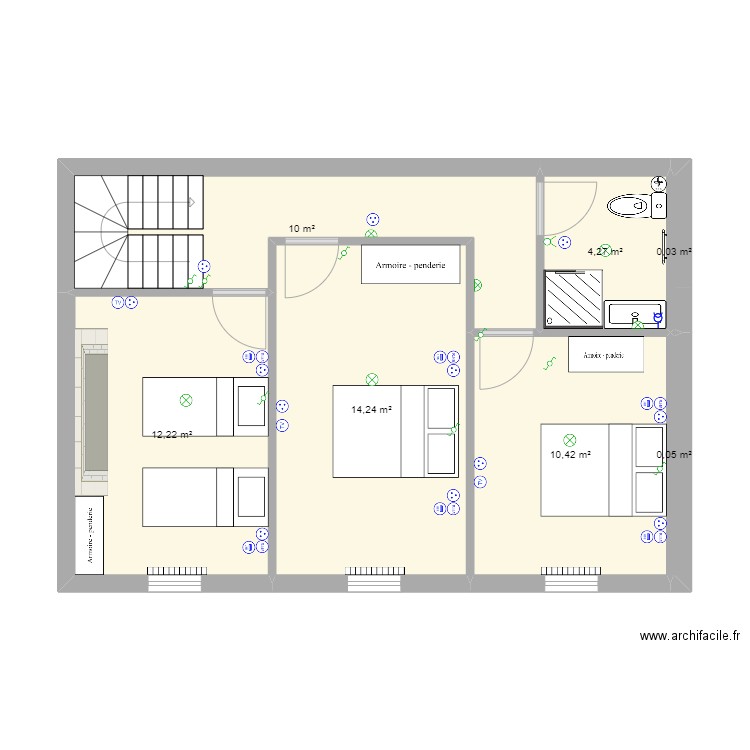 Plan1 Etage Chambres et SdB. Plan de 7 pièces et 51 m2