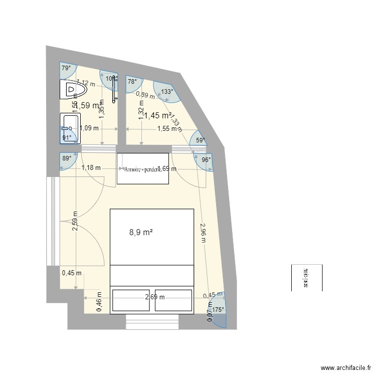 Chambre 10 ré avril 23 ext. Plan de 3 pièces et 12 m2