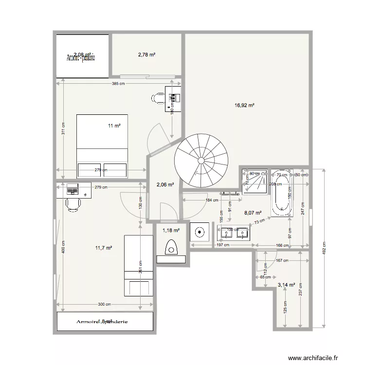 5B GG  SDB Plan g&eacute;n&eacute;ral am&eacute;nag&eacute; douche &agrave; gauche. Plan de 