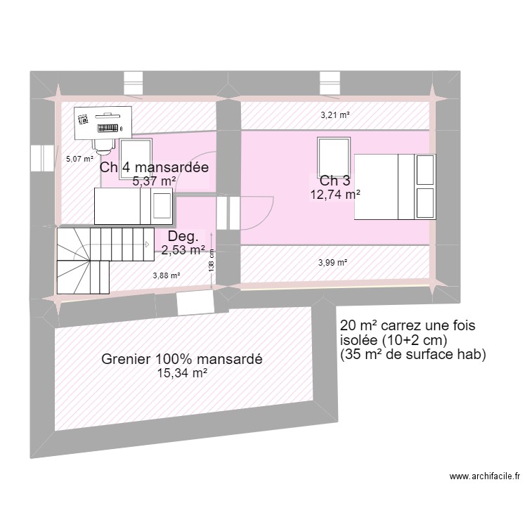Poleymieux - division maison COMBLES AMENAGES. Plan de 21 pièces et 53 m2