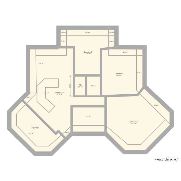 Etage. Plan de 21 pièces et 146 m2