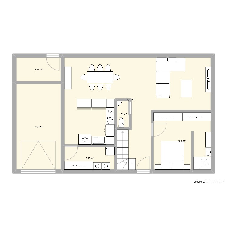 Projet v1 - RDC. Plan de 6 pièces et 100 m2