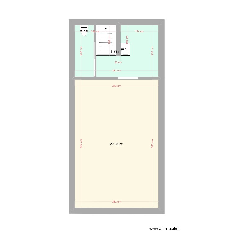 Combles. Plan de 2 pièces et 31 m2