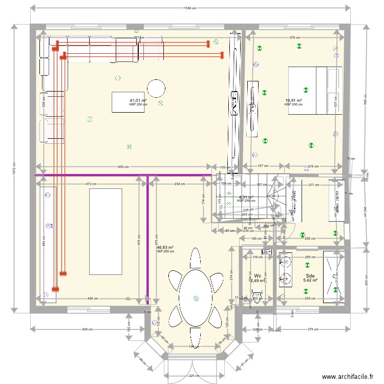 Chelles électricité pièce de vie. Plan de 19 pièces et 361 m2