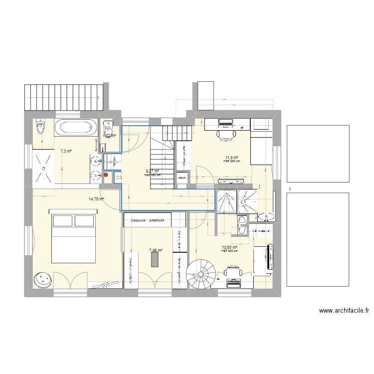 Rouret R+1 V10d. Plan de 9 pièces et 63 m2