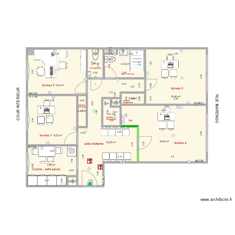 Cabinet Le Village aménagé. Plan de 14 pièces et 80 m2