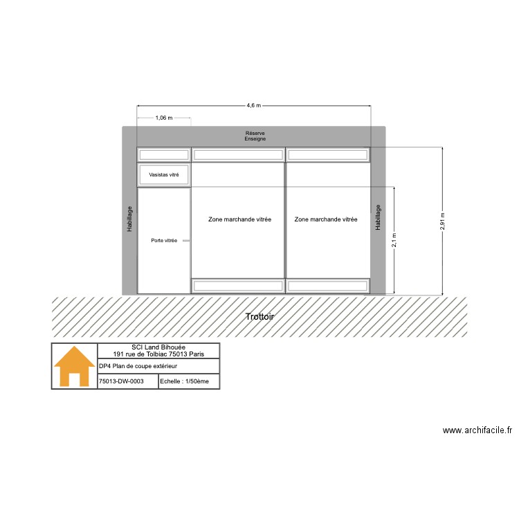 DP3-Plan de coupe extérieur. Plan de 2 pièces et 20 m2