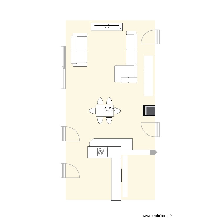 cuisine. Plan de 1 pièce et 51 m2