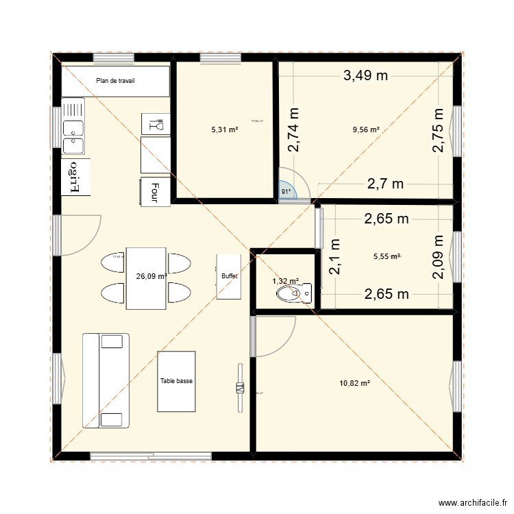 projet ossature bois lanas. Plan de 6 pièces et 59 m2