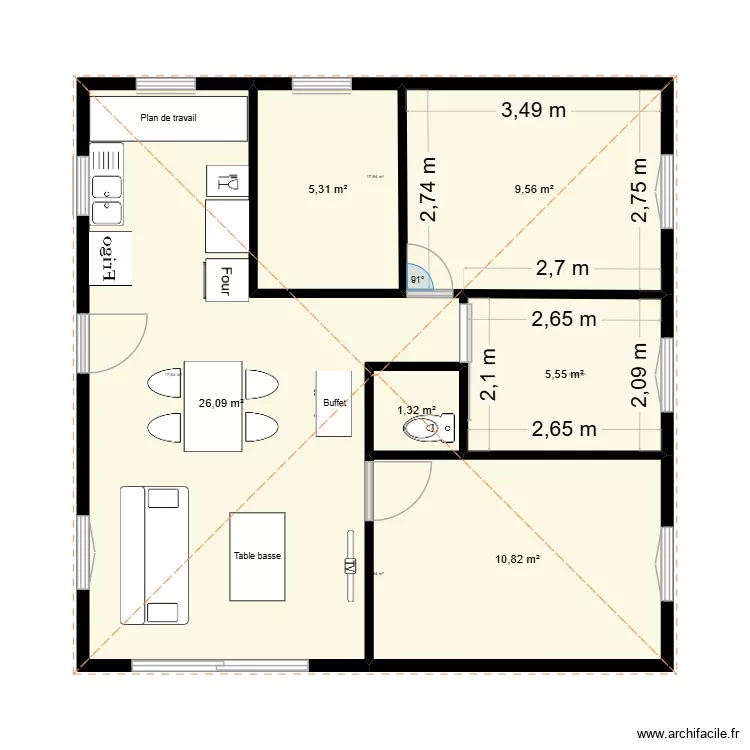projet ossature bois lanas. Plan de 6 pièces et 59 m²