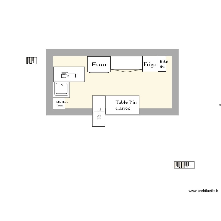 Cuisine PROVISOIRE V2 avec LV déplié et grande table cuisson 90cm. Plan de 1 pièce et 9 m2