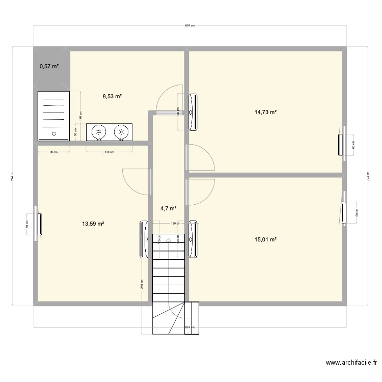 chez Guigui. Plan de 6 pièces et 57 m2