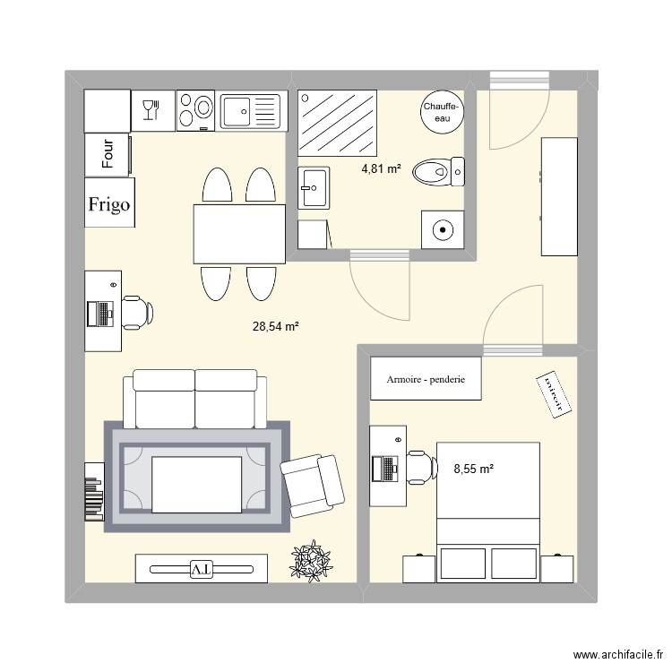 44 m2 test. Plan de 3 pièces et 42 m2