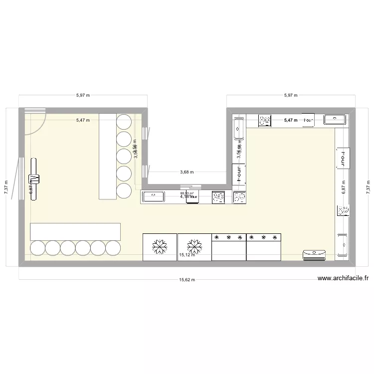 Cuisine. Plan de 1  et 89 m²