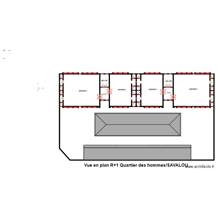 Vue en plan de l'Etage Quartier des hommes /SAVALOU. Plan de 82 pièces et 836 m2