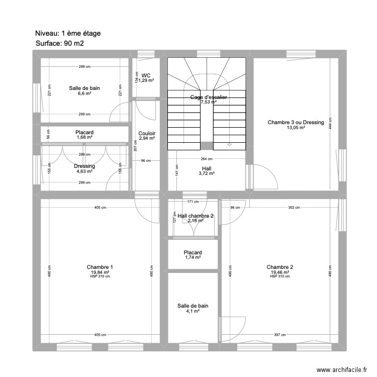 Niveau : 1er étage. Plan de 13 pièces et 89 m2