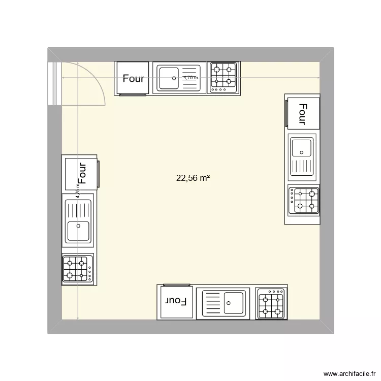 cuisine. Plan de 1  et 23 m²