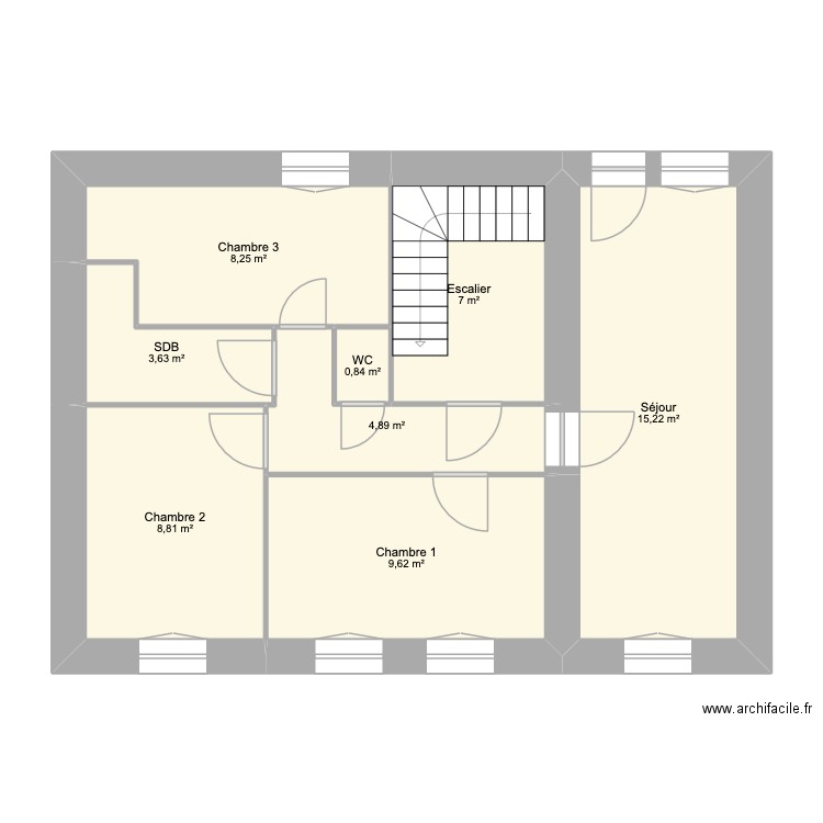 Appart 1 - etat initial. Plan de 8 pièces et 58 m2