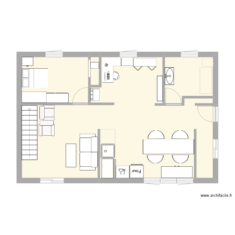 Premier niveau. Plan de 4 pièces et 60 m2