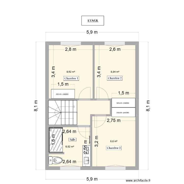 ETAGE. Plan de 6 pièces et 40 m2
